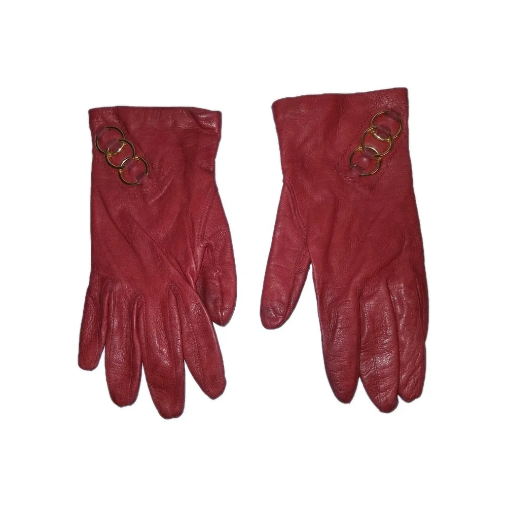 Vintage‎ Women's Lazarus Red Leather Gloves Size 6.5  Made In Italy Gold Accents